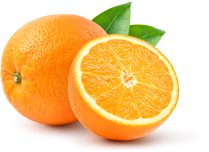 Orange with cut in half and leaves isolated on white background. clipping path.